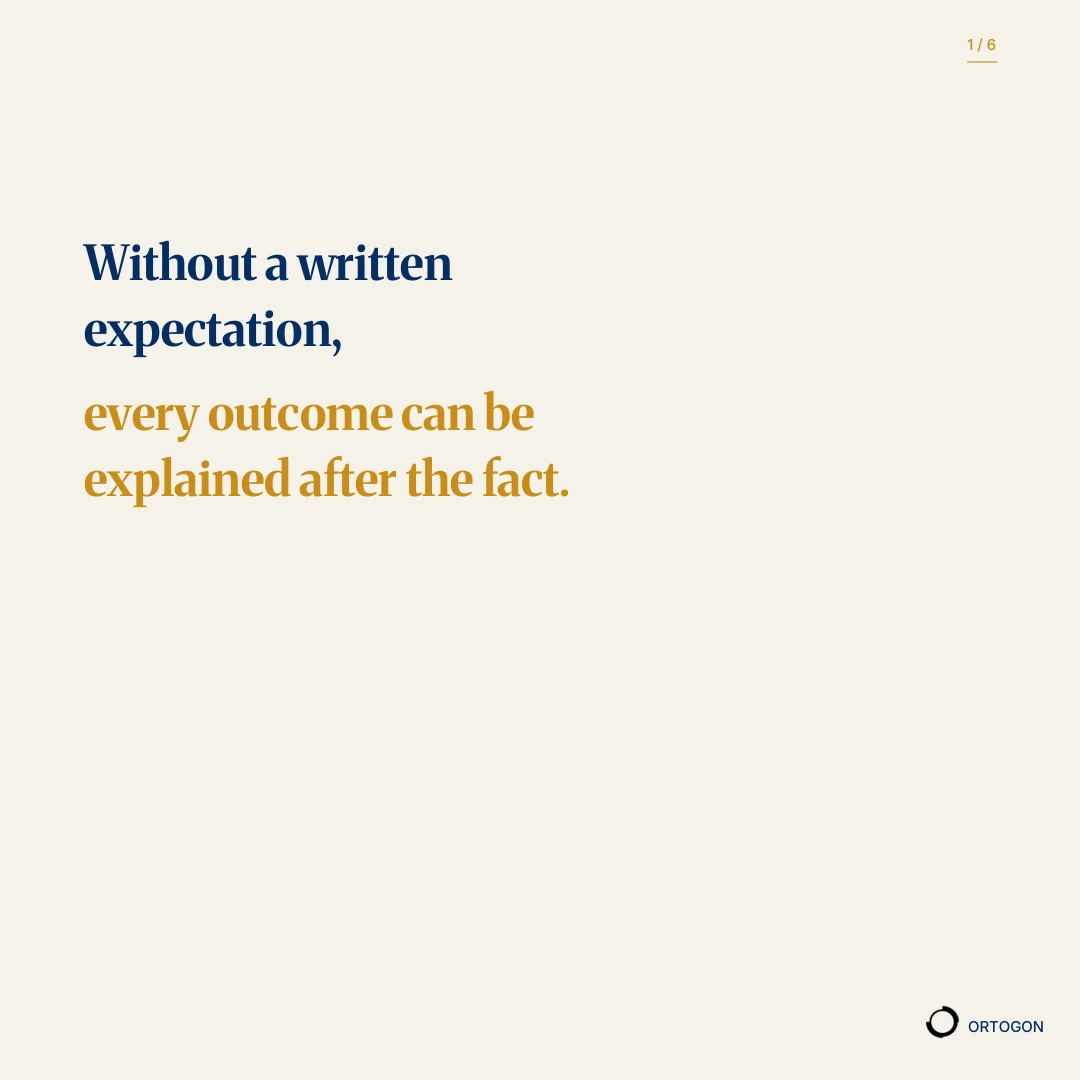 Cover page of the carousel 'Without a written expectation, every outcome can be explained after the fact.'. (Page 1)